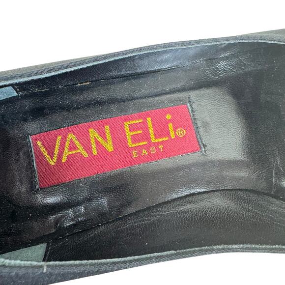 VAN ELi East Black Satin Block Heel Open Toe Slip On Pumps Leather Sole Size 7 - Picture 6 of 7